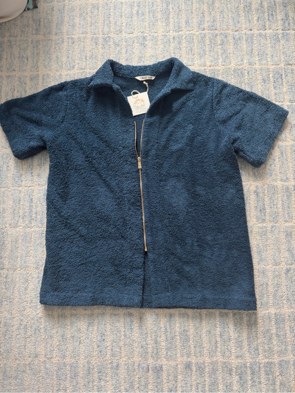 Mens Navy Zip-Front Terry Short Sleeve Hoodie - Unbranded